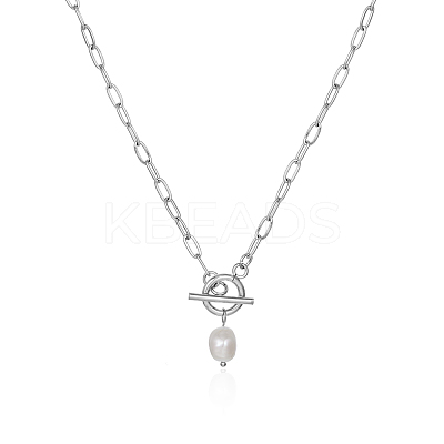 Minimalist Imitation Pearl Rice Pendant Stainless Steel PaPerclip Chain Necklaces for Everyday Women's Wear OX8079-1-1