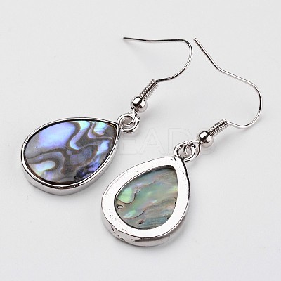 Teardrop Platinum Tone Brass Natural Paua Shell Dangle Earrings EJEW-M060-08-01-1