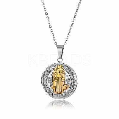 304 Stainless Steel Saint Benedict Medal Locket Pendant Necklaces for Women NJEW-G187-02GP-1