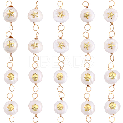 20pcs 2 styles Grade AA Natural Cultured Freshwater Pearl Connector Charms with Golden Tone Sea Animal Alloy Slices PALLOY-BBC0001-02-1