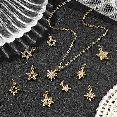 10Pcs 10 Styles Star Brass Micro Pave Clear Cubic Zirconia Charms KK-CJ0002-43-1