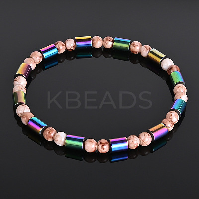 Electroplated Rainbow Color Synthetic Non-magnetic Hematite Column & Camel Round Acrylic Beaded Stretch Anklets for Women FS-WG6D389-01-1