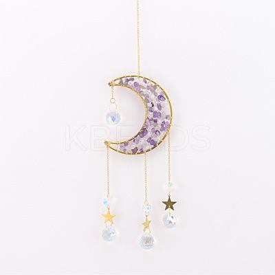 Copper Wire Wrapped Natural Amethyst Chips Moon Suncatcher HJEW-H065-02G-02-1