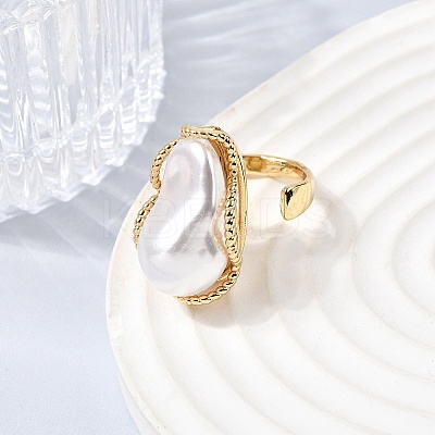 Brass ABS Imitation Pearl Cuff Open Rings for Women RJEW-B160-03G-1