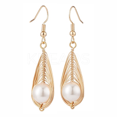 Shell Pearl Braided Teardrop Dangle Earrings EJEW-TA00088-1
