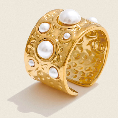 304 Stainless Steel with Imitation Pearls Open Cuff Rings for Women WF0068-1