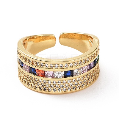 Colorful Cubic Zirconia Rectangle Open Cuff Ring RJEW-C002-03G-1