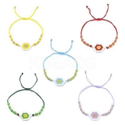 Glass Seed Rhombus Link Bracelet with Brass Beaded for Women BJEW-MZ00032-1
