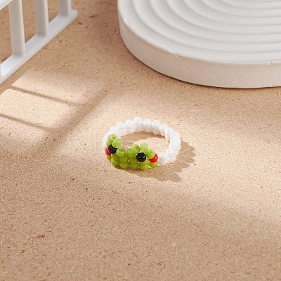 Glass Seed Braided Bead Frog Shape Finger Ring for Women RJEW-TA00052-1