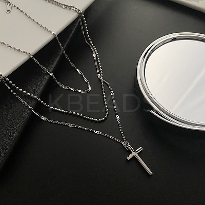 Non-Tarnish 304 Stainless Steel Rope & Ball & Curb Chains Triple Layer Necklaces BJEW-K257-02P-1