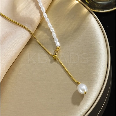Stainless Steel & Imitation Pearl Beaded Tassel Rice Bead Pendant Y Lariat Necklaces for Women YR7767-1
