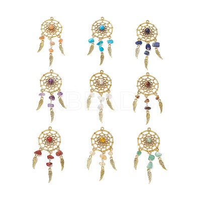 9Pcs 9 Styles Natural & Synthetic Mixed Chip Stone Alloy Woven Web/Net with Feather Big Pendants PALLOY-JF04033-1