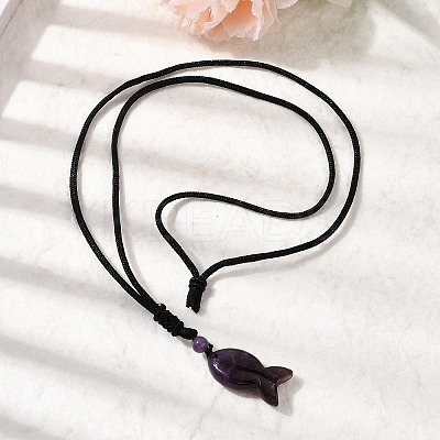 Natural Amethyst Fish Pendant Black Nylon Cord Necklaces NJEW-G185-01C-1