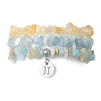 3Pcs 3 Styles Natural Citrine & Flower Amazonite & Aquamarine Aventurine Chips Stretch Bracelets Sets BJEW-JB11076-05-1
