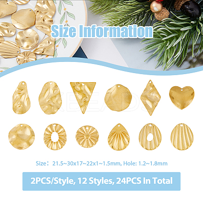 24Pcs 12 Style Textured 201 Stainless Steel Pendants STAS-FH0001-98-1