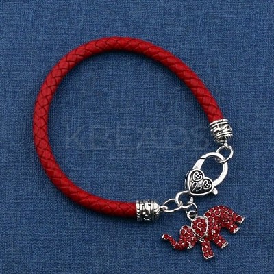Elephant Alloy & Rhinestone & Imitation Leather Cord Charm Bracelets FS-WG8FE67-01-1