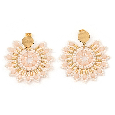 304 Stainless Steel & Bohemian Beaded Flower Dangle Stud Earrings for Women EJEW-R001-04B-1