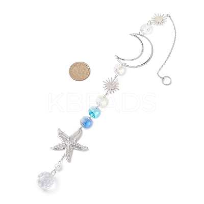 Stainless Steel Starfish & Brass Moon Hanging Suncatchers HJEW-JM04623-1