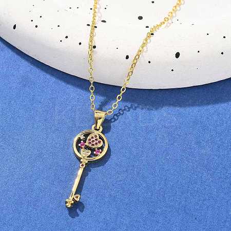 Brass Micro Pave Cubic Zirconia Heart Key Pendant Necklaces for Women NJEW-R027-03G-02-1