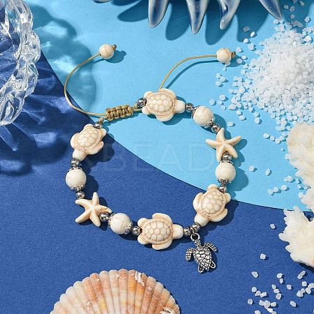 Starfish & Turtle Synthetic Turquoise Braided Beaded Bracelets BJEW-JB10926-01-1