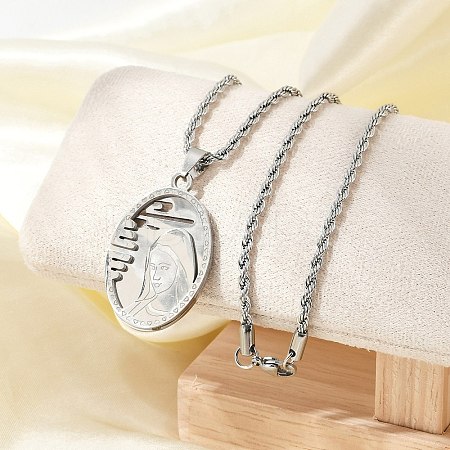 201 Stainless Steel Embossed Virgin Mary Pendant Rope Chain Necklaces NJEW-S387-08P-1
