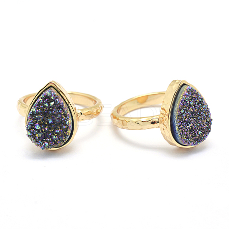 Electroplate Natural Druzy Quartz Crystal Finger Rings RJEW-I055-07G-RS-1