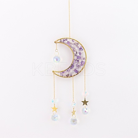 Copper Wire Wrapped Natural Amethyst Chips Moon Suncatcher HJEW-H065-02G-02-1