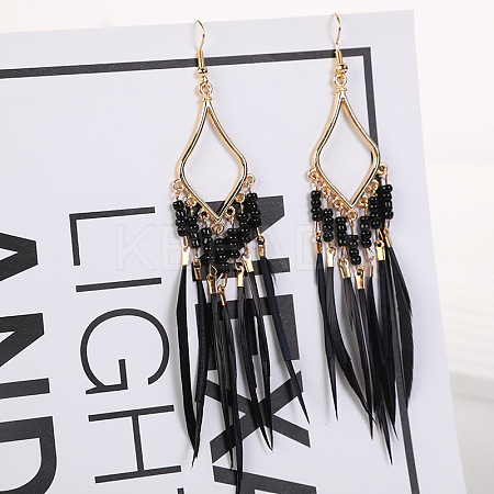 Bohemian Style Alloy Glass Seed Beaded Feather with Rhombus Chandelier Earrings FS-WG1E384-01-1