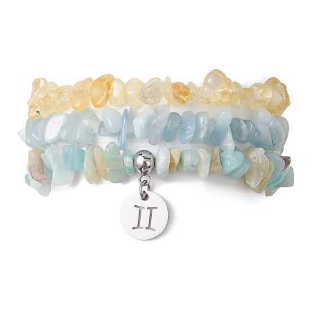 3Pcs 3 Styles Natural Citrine & Flower Amazonite & Aquamarine Aventurine Chips Stretch Bracelets Sets BJEW-JB11076-05-1