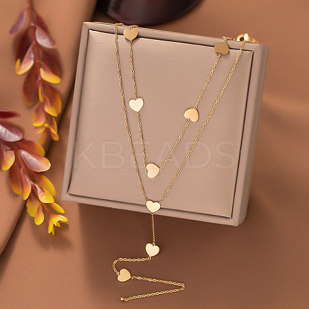 304 Stainless Steel Heart Link Double Layer Chain Y Necklaces for Women LS-NJEW-C088-03G-1