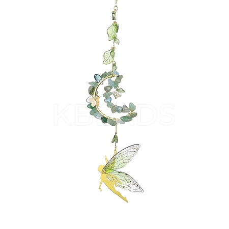Wire Wrapped Natural Green Aventurine & Aquamarine Chip & Brass Moon Hanging Ornaments HJEW-TA00216-1