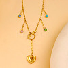 304 Stainless Steel Pave Colorful Cubic Zirconia Heart Pendant Necklaces for Women NJEW-S450-01G-1
