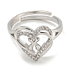 Heart with Letter Rack Plating Brass Micro Pave Clear Cubic Zirconia Adjustable Rings for Women RJEW-I105-01P-W-3