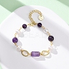 Natural Amethyst & Pearl Round Beads Link Bracelets for Women BJEW-Q039-01G-1