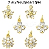 6Pcs 3 Styles Brass Micro Pave Cubic Zirconia Flower Charms KK-YW0003-81-1