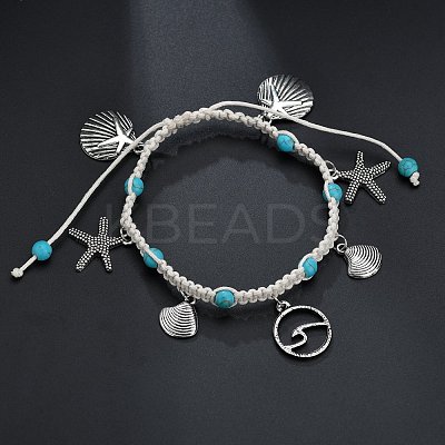 Bohemian Style Alloy Wave Shape Starfish Shell Shape Charm Synthetic Turquoise & Cotton Cord Braided Anklets FS-WG159AD-04-1