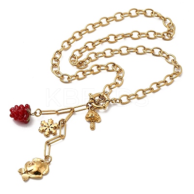 304 Stainless Steel with Resin Red Grapes Flower Snowflake Pendant Necklaces for Women NJEW-G181-10G-1
