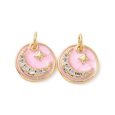 Flat Round with Moon & Star Brass Micro Pave Clear Cubic Zirconia Charms KK-G435-41G-1