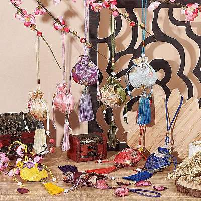 9Pcs 9 Colors Flower Pattern Brocade Bag Tassel Pendant Decorations HJEW-NB0001-97-1
