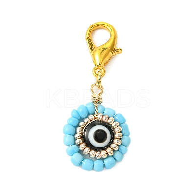 12Pcs 12 Colors Flat Round with Evil Eye Resin & Glass Seed Pendant Decorations HJEW-MZ00094-1