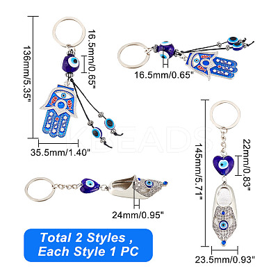 2Pcs 2 Style Turkish Blue Evil Eye Lucky Shoes/Hamsa Hand/Hand of Miriam Pendant Alloy Keychain KEYC-AR0001-27-1