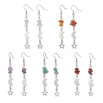Brass Moon with Star Dangle Earrings EJEW-JE06675-1