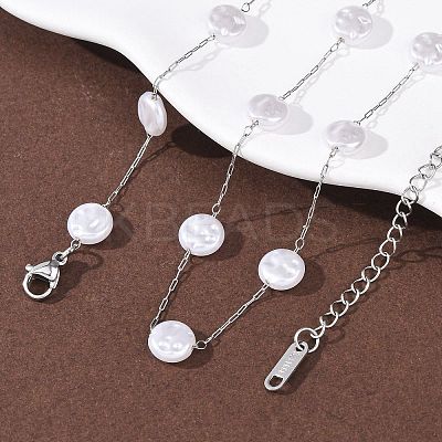 304 Stainless Steel with ABS Plastic Pearl Flat Round Bead Cable Chain Necklaces for Women NJEW-G190-03P-1