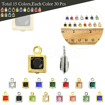 30Pcs 15 Colors Square Rack Plating Brass Glass Charms KK-FS0001-40-1