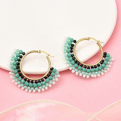 304 Stainless Steel & Bohemian Beaded Fan Hoop Earrings for Women EJEW-R001-01G-03-1