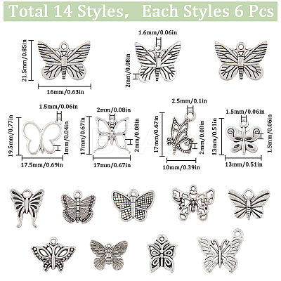 84pcs 14 styles Tibetan Style Alloy Butterfly Pendants FIND-SC0007-11-1