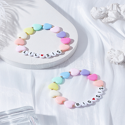 2Pcs 2 Styles Word Acrylic Heart Beaded Stretch Bracelets BJEW-LP0004-28-1