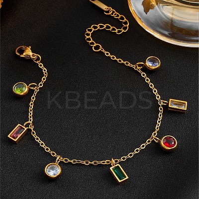 304 Stainless Steel Pave Colorful Cubic Zirconia Rectangle Flat Round Charm Bracelets for Women WG5257D-01-1