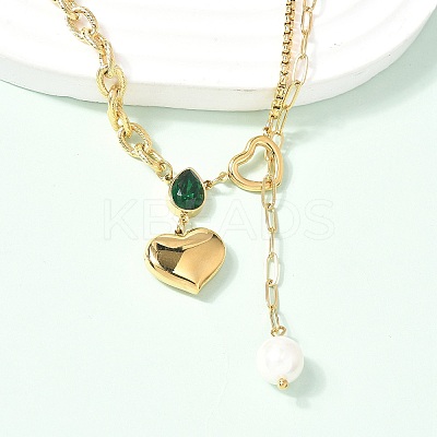 304 Stainless Steel Pave Green Cubic Zirconia Heart Pendant Necklaces for Women NJEW-U040-01A-G-1