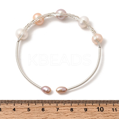 Brass Wire Wrapped Natural Pearl Cuff Bangles for Women BJEW-D453-01S-1